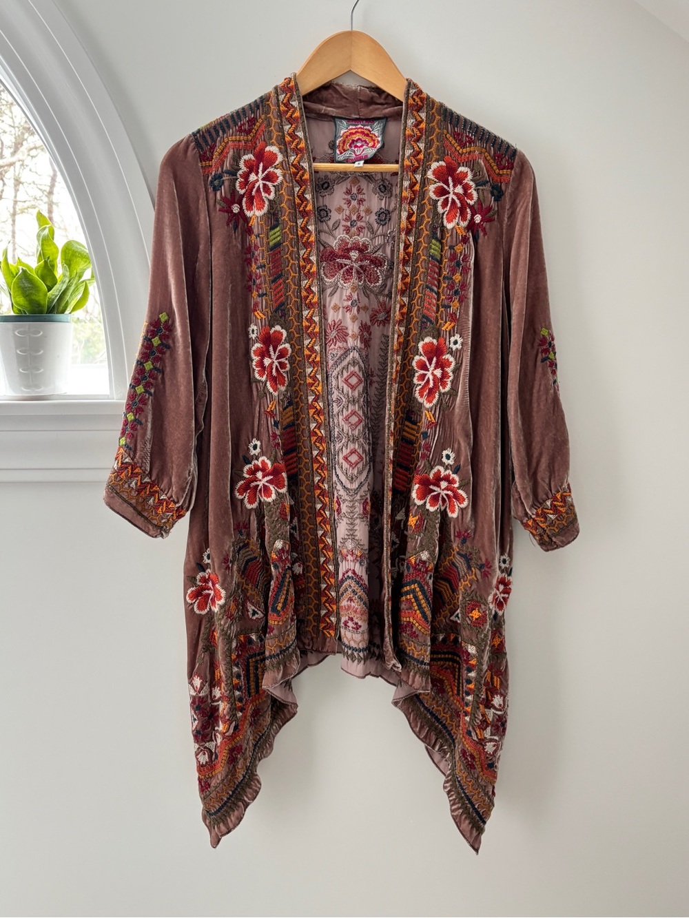 Johnny Was Waleska Velvet Silk Draped Cardigan S Rose Kimono Embroidered Boho - Picture 6 of 15